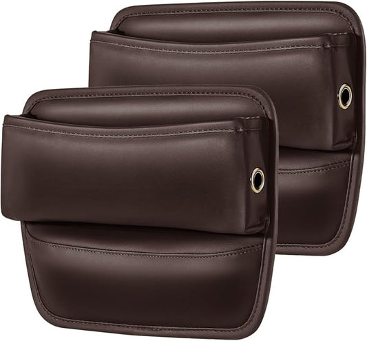 Car Seat Gap Filler with Cable Holes PU Leather Brown 2-Pack | Car seat gap filler for 0.5 to 1.2 inch gaps with cable routing holes anti slip padded base phone wallet keys PU leather