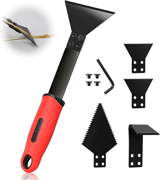 1 Caulk Remover Tool Set with 5-piece Blades - 8.7 Inch Industrial Floor Scraper Tool with Long-Handle, Replaceable Silicone Caulking Tool Kit for Glass Caulk, Adhesive, Sink Joint,Tiles, Walls