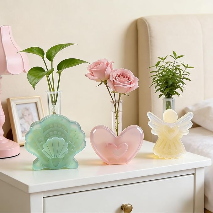 DLAND 3 Piece Silicone Vase Molds for Resin Casting, Includes Angel, Heart, Shell Epoxy Resin Molds, with 8 Test Tubes, Reusable Epoxy Molds for Flowers Display, Home Decoration & DIY Crafts