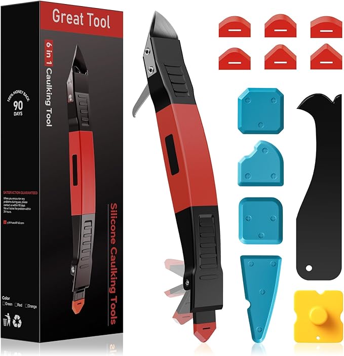 6 in 1 Silicone Caulking Tool Kit with Caulk Grout Remover Tool Sealant Finishing & Smoothing Tool, Grout Scraper, 6 Reusable Pads and Adhesive Residue Scraper for Kitchen Bathroom Tile Sink (Red)