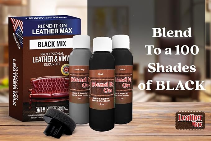Blend It On Extra Large Black Mix Leather and Vinyl Repair Kit - Now with 6 Ounces for Furniture, Jacket, Sofa, Car Seat, Boots, Easy to Match Colors, Restore Any Material No Mixing Chart Needed