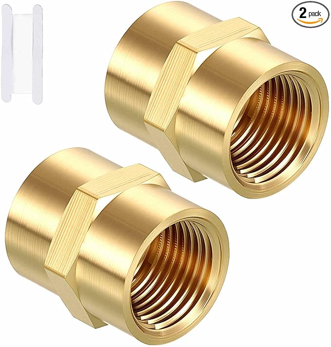 Packs of 2, 3/8" NPT FeMale to 3/8" NPT FeMale Solid Brass Pipe Fitting Coupler W/Sealing Tape, Brass Coupling Hose Fittings Adapter for Pipe Leak Repair, Tool Extensions