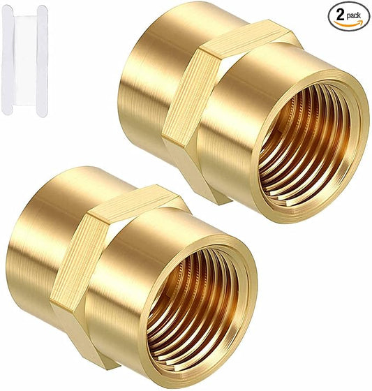 Packs of 2, 3/8" NPT FeMale to 3/8" NPT FeMale Solid Brass Pipe Fitting Coupler W/Sealing Tape, Brass Coupling Hose Fittings Adapter for Pipe Leak Repair, Tool Extensions