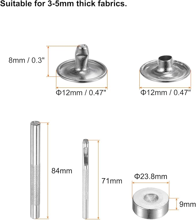 HARFINGTON 100 Sets Leather Rivets 8 x 12mm Metal Double Cap Rivet Snaps Studs Fasteners with 3pcs Setting Tools Rivets for Leather Craft DIY Repair Decoration, Silver Tone