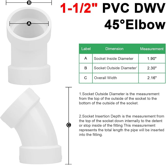 6Pack 1-1/2" PVC DWV Sanitary 45-Degree Elbow Pipe Fitting Connector (Socket x Socket) White SCH40 1.50" PVC DWV 45° Elbow Corner Adapter for Drain, Waste, Vent