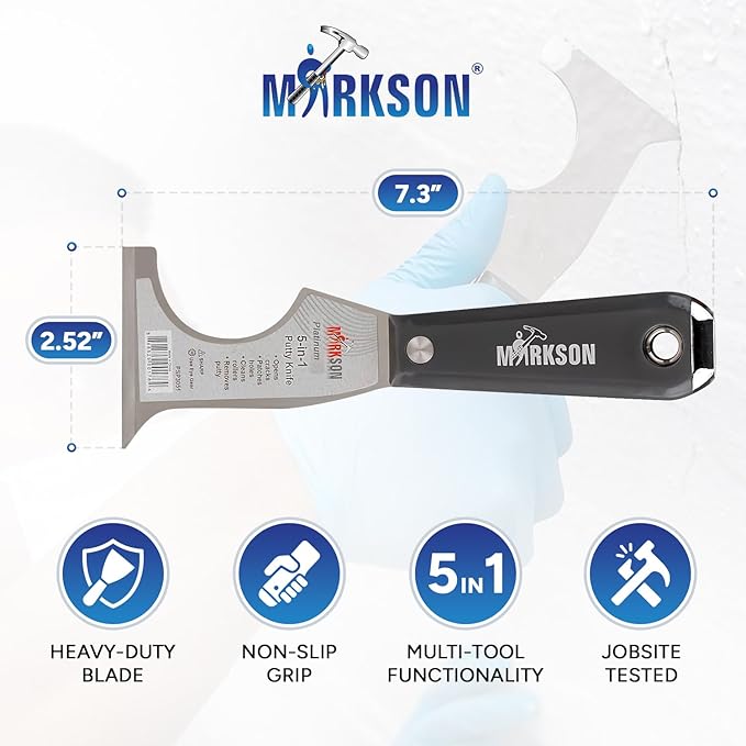 MARKSON Putty Knife 5 in 1 with Nylon Hammer End Handle, Spackle Knife, Caulk Removal Tool, Paint Can Opener, Paint Remover from Wood, Wallpaper Scraper