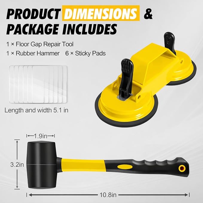 Floor Gap Fixer Tool with Dual Silicone Suction Cups & Rubber Hammer – 45° Angled Striking Surface, Includes Adhesive Pads – for Laminate, Vinyl Plank, SPC & Engineered Hardwood Floors