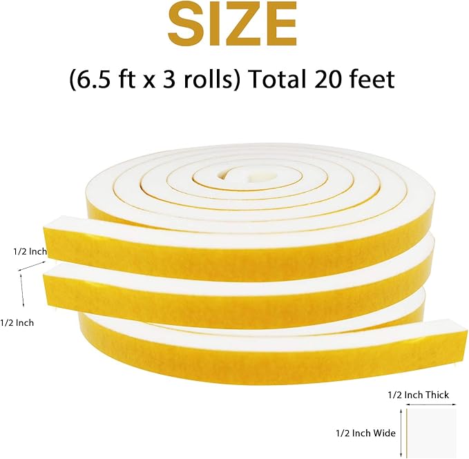 Door Weather Stripping-3 Rolls, 1/2 Inch Wide X 1/2 Inch Thick Total 20 Feet Long, Adhesive Foam Seal Tape for Window Insulation(6.5ft x 3 Rolls)