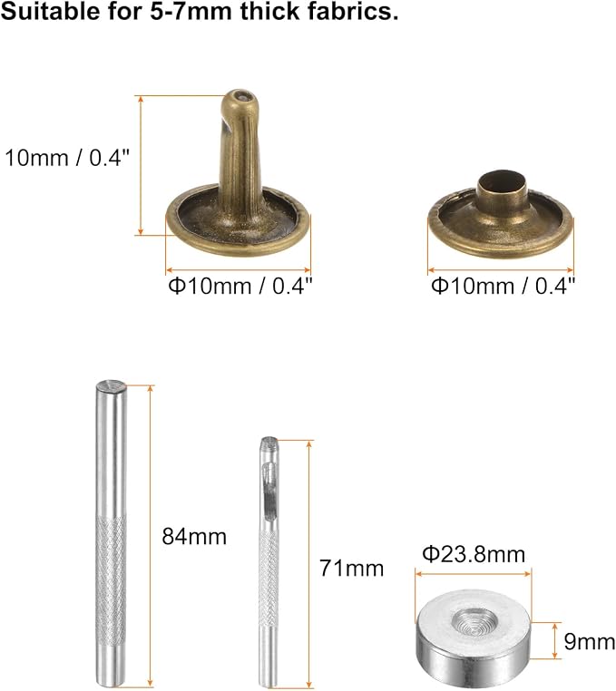 HARFINGTON 100 Sets Leather Rivets 10 x 10mm Metal Double Cap Rivet Snaps Studs Fasteners with 3pcs Setting Tools Rivets for Leather Craft DIY Repair Decoration, Bronze