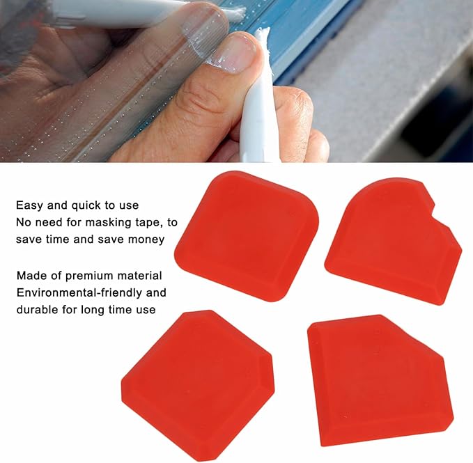 Caulking Tool Kit, 4Pcs Silicone Applicator Tool, Portable Sealant Scraper, Caulk Remover Tool Set for Glass Glue Smoothing Finishing Cleaning Sealing, Easy to Use, Red