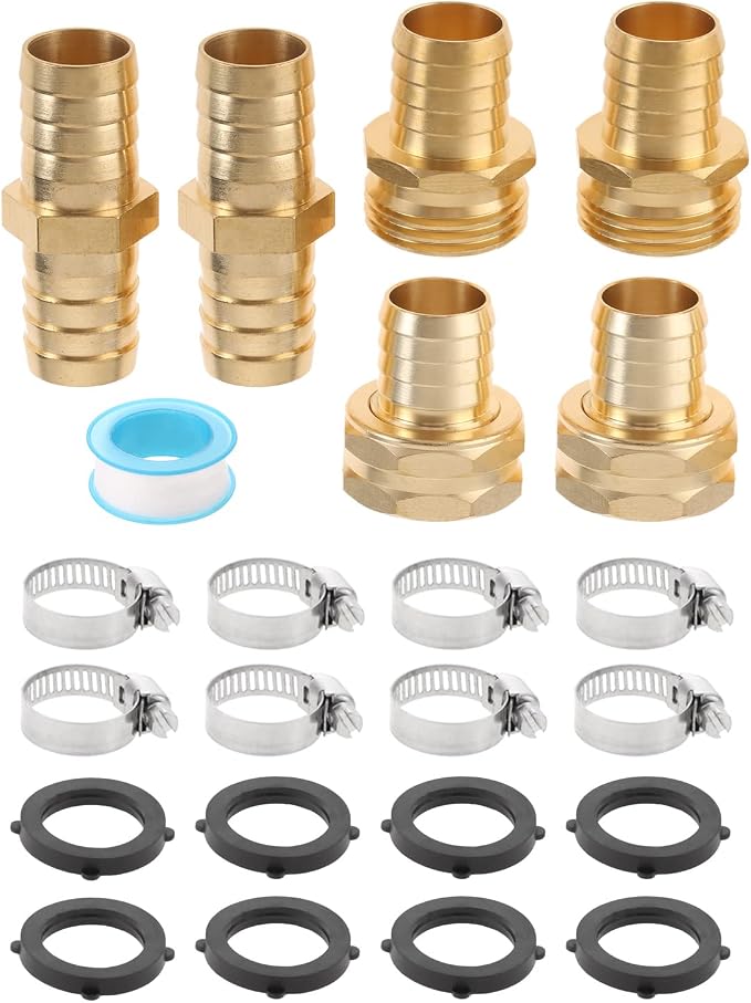 4 Sets 3/4 Inch Garden Hose Connector Solid Brass Repair Kit, Water Hose Mender Female and Male Water Hose Connector with Tape, Stainless Steel Clamp and Rubber Gasket