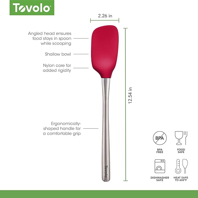 Tovolo Spoon Spatula Spoonula with Stainless Steel Handle Ergonomic Grip Viva Magenta, Silicone Scoopula Kitchen Utensil Non Scratch Easy Clean Dishwasher Safe Heat Resistant Flex Core Scoop Spatula