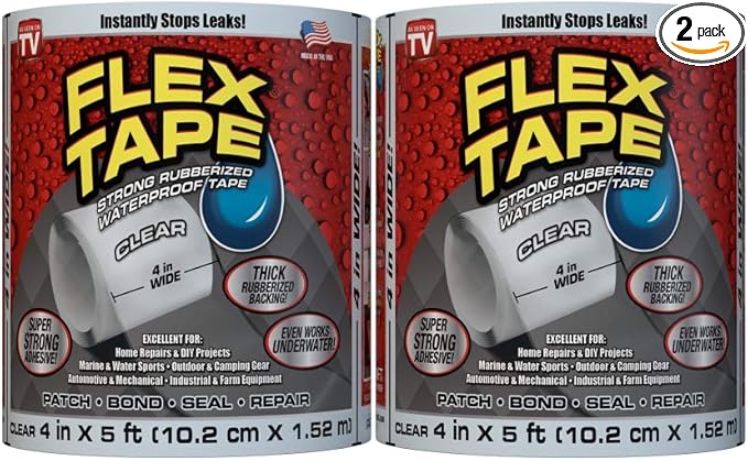 Flex Tape Rubberized Waterproof Tape, 4" x 5', Clear - 2 Pack