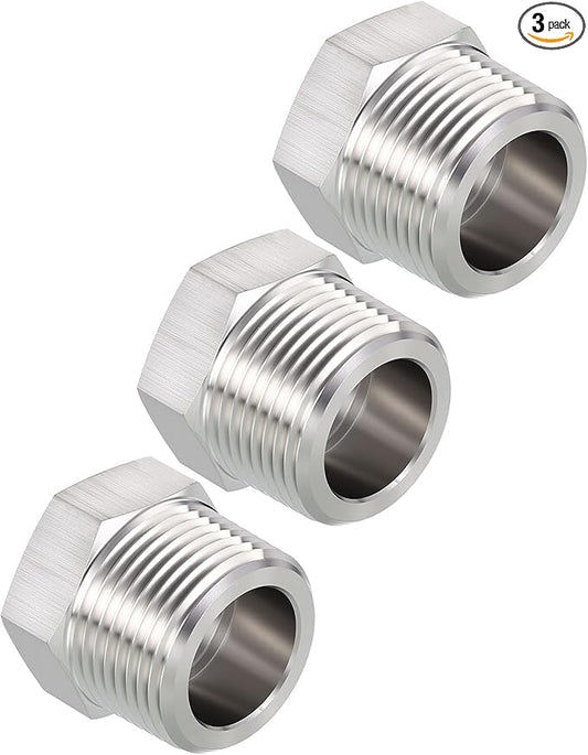 Pack of 3, 1" Male NPT to 3/4" FeMale NPT Solid 304 Stainless Steel Hex Bushing, Hose Fittings Adapter Reducer for Pipe Leak Repair, Bathroom Remodeling, Tool Extensions