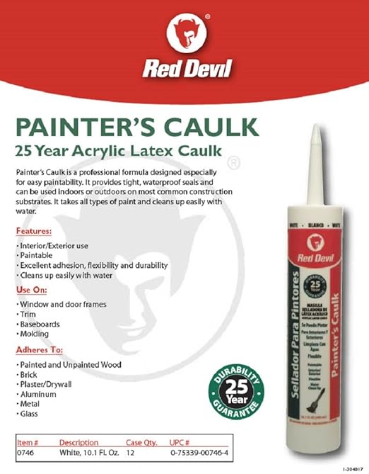 Red Devil 0746 Painter’s Caulk, 10.1 oz, Paintable Acrylic Latex Caulk for Interior and Exterior Use, Water Cleanup, Ready to Paint in 2 Hours, Pack of 12