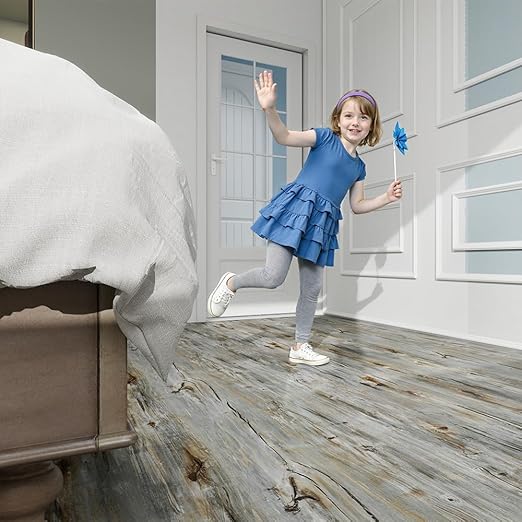 Wood Grain Peel and Stick Floor Tiles – 11.8” Width, Full Roll Length of 394" – Versatile Design for Any Space, Sunwashed Blue Self Adhesive Vinyl Flooring, Waterproof and Non-Slip Features