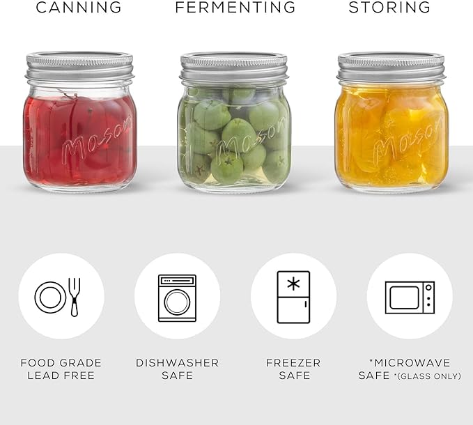 JoyJolt 8 Oz Mason Jars With Lids, Labels and Measures! 6-Pack Regular Mouth Mason Jars, Glass Jar with Lid and Band. Airtight Canning Jars, Overnight Oats Jars, Salad Jars, Sourdough Starter Jar