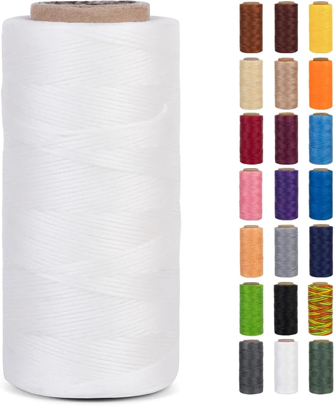 0.8mm Waxed Thread for Leather Sewing, 284 Yards, 150D Flat Wax String, Waxed Cord for Bracelet Making, Bookbinding, Shoe Repairing, Leather Projects, DIY Crafts (White)