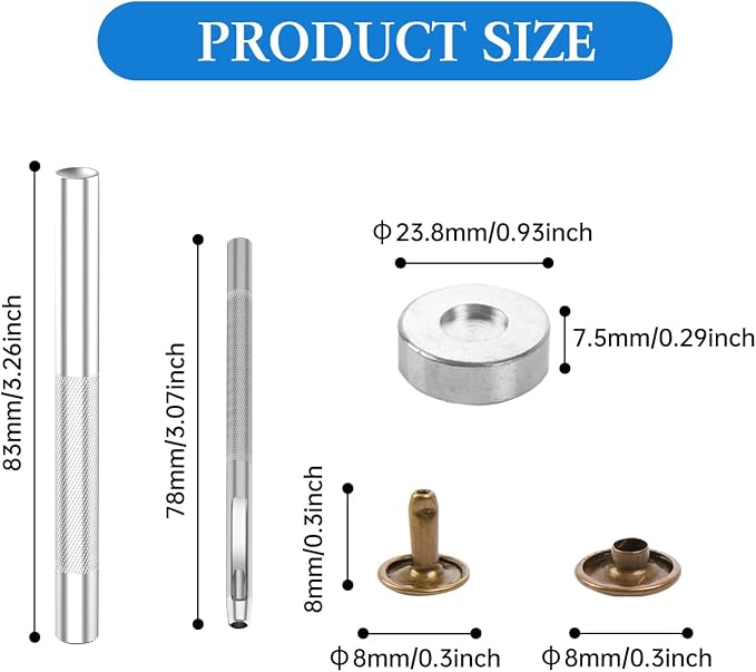 100 Sets Leather Rivets 8x8mm Double Cap Rivets Snaps Metal Studs Fasteners with 3pcs Setting Tools for Leather Craft DIY Repair Decoration, Bronze