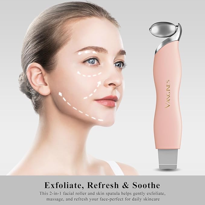 Blackhead Remover Tool with Ice Roller, Stainless Steel Face Scraper, Skin Scrubber Face Spatula for Deep Cleansing, 3-in-1 Skin Care Tool with 2 Silicone Brush Heads(Dusty Rose)