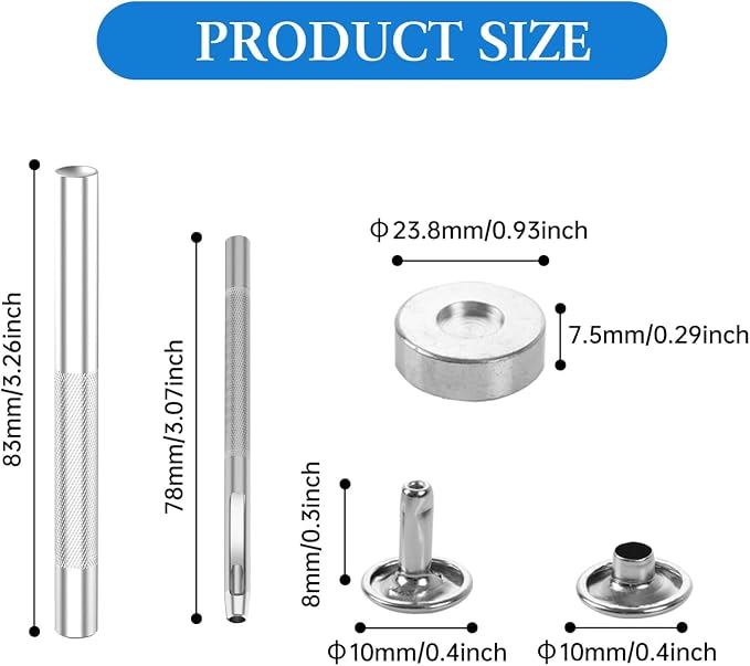 100 Sets Leather Rivets 10x8mm Double Cap Rivets Snaps Metal Studs Fasteners with 3pcs Setting Tools for Leather Craft DIY Repair Decoration, Silver Tone