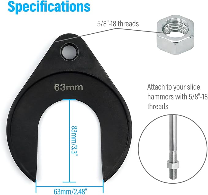 63mm Inner CV Axle Puller Removal Tool with Nut, Front Wheel Drive Axle Pulley Attachment, CV Joint Fork Adapter Fits Slide Hammers with 5/8"-18 Threads, CV Joint Axle Removing Tool