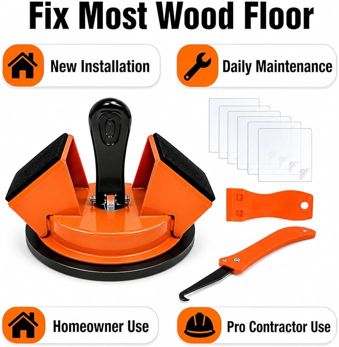 Floor Gap Repair Tool Kit for Laminate & Vinyl Flooring – Heavy Duty Suction Cup Floor Gap Fixer with 45° Striking Surface, Slot Cutter, Cleaning Scraper & 6 Sticky Pads for Easy Floor Repair