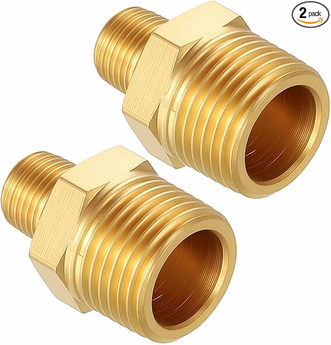 Pack of 2, 3/8" MNPT To 1/8" MNPT Solid Brass Hex Nipple Hose Connectors, Male Pipe Adapter for Pipe Leak Repair, Bathroom Remodeling, Tool Extension, Compression