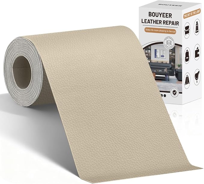 BOUYEER Leather Repair Patch Tape Kit,Self Adhesive Leather Repair for Sofa，Car Seat,Office Chair,Furniture,Jacket,Waterproof Strong Adhesive Vinyl Repair Kit. 4 in x 79 in,Light Beige