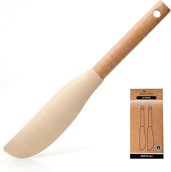 2Pcs 10.7" Silicone Jar Spatula with Natural Beechwood Handle, Removable Flexible Scraper Head for Deep Jars, Thick Non-Stick Small Spatula for Sourdough, Peanut Butter, Blenders & Baking, Cream
