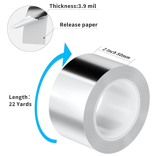 Aluminum Foil Tape Heavy Duty 2 Inch x 22 Yards（3.9 mil）, High Temp Waterproof HVAC Tape, Silver Insulation Adhesive for Ductwork, Sealing, Dryer Vent, Furnace, AC, Pipe Repair