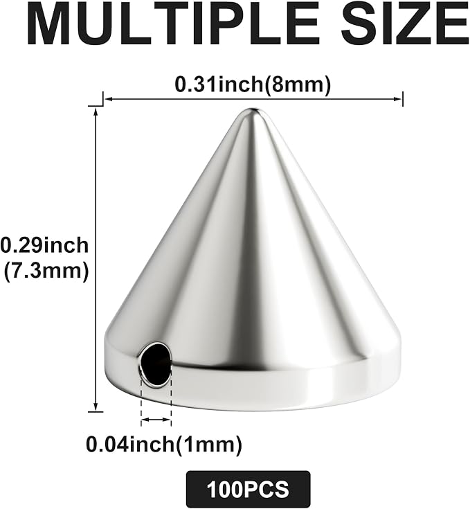 OIIKI 100 PCS 8mm Silver ABS Bullet Spike Cone Studs, Rivets Cone Spike Studs Beads, Flat Back Punk Spikes DIY Crafts Studs Glue on Decoration for Clothing Leather Clothes Belt Bag Shoes Jewelry Trims