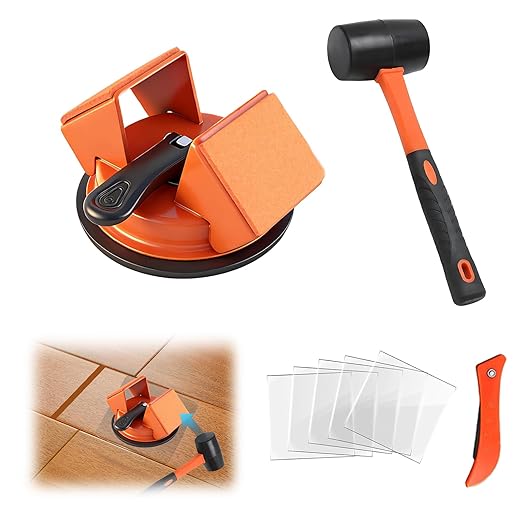 Floor Gap Fixer Tool with Rubber Hammer & Adhesive Pads, Laminate Vinyl Flooring Suction Cup Repair Tool for Closing Floor Gaps, Professional Flooring Installation Kit (Orange)