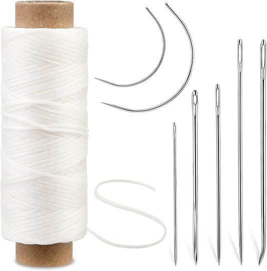 Ftyiwu Waxed Thread 55 Yards, Leather Sewing Waxed Thread with Hand Sewing Needles for Home Upholstery Carpet Leather Canvas Repair and Sewing (Original White)