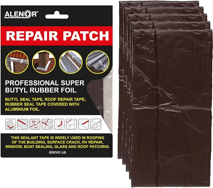 ALENOR Dark Chocolate Butyl All Weather Repair Patch 4"x6"(Pack of 5) Waterproof Sealing Patch Roof Leak Indoor or Outdoor Pipe Repair Vent Air Conditioner Window Seal Rain Gutters Flashing Auto Boats