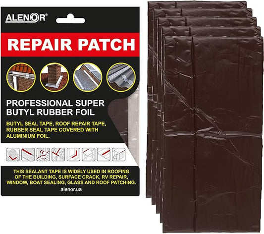 ALENOR Dark Chocolate Butyl All Weather Repair Patch 4"x6"(Pack of 5) Waterproof Sealing Patch Roof Leak Indoor or Outdoor Pipe Repair Vent Air Conditioner Window Seal Rain Gutters Flashing Auto Boats