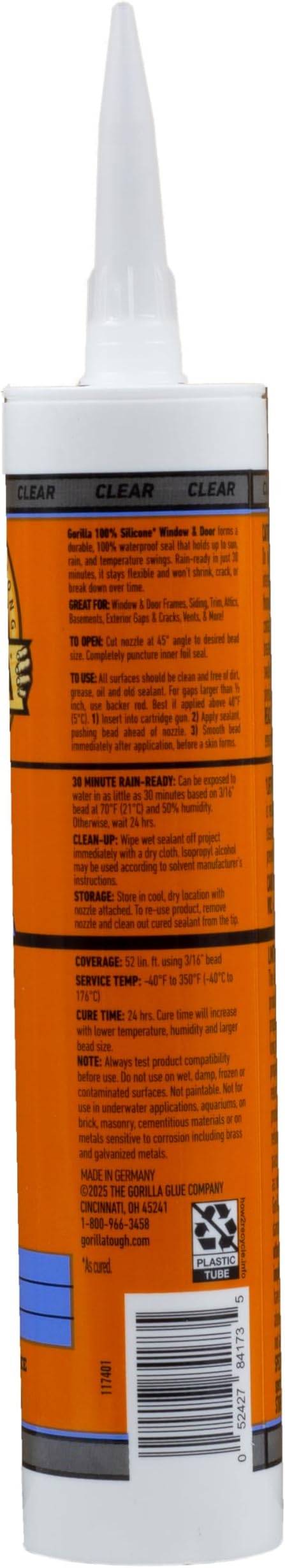 Gorilla 100% Silicone Sealant Caulk Window & Door, 10 Ounce Cartridge, Clear