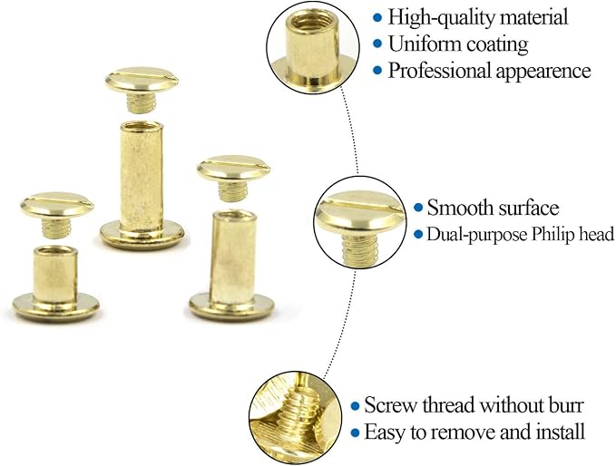 ALLOYGOLD 75 Sets Gold Chicago Screws 1/4 3/8 1/2 Leather Assorted Kit ，3 Sizes of Screw Rivets for Leather Rivet for DIY Belt，Bag Craft and Bookbinding (M5 X 6, 10, 12)