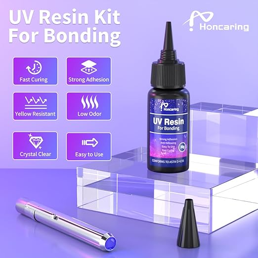 Honcaring UV Resin Kit with Light, Fast Drying Beginner-Friendly Kit, Bonding & Repairing in Seconds, 30g/1oz Clear UV Glue with UV Penlight for Resin, Plastic, Glass, Acrylic