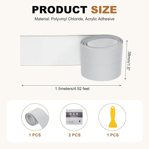 uxcell Caulk Tape Waterproof, 1.5 Inch x 4.92 ft Self-Adhesive Sealant Sealing Strip Caulking Sealant Tape PVC with Tool for Kitchen Sink Toilet Bathroom Bathtub Floor, Gray