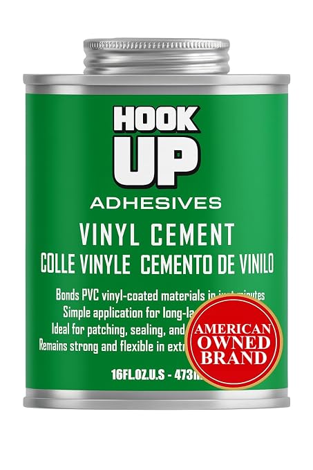 HOOK UP Vinyl Cement – Waterproof Pool Liner Repair Glue for Vinyl & PVC, Fast-Drying Flexible Contact Cement for Inflatables, Air Mattresses, Boats, Tarps, Hot Tubs & Pool Patch Repairs (16 oz)