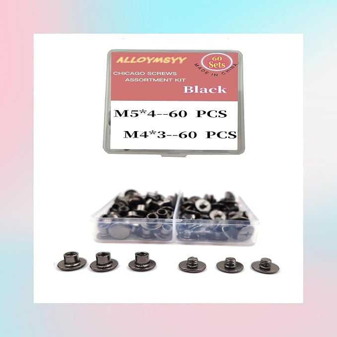 60 Sets M5*4mm Gun Black Leather Rivets Screws Rivets Chicago Binding Screws Adjust and Repair Leather Craft Belts, Bags, Shoes, Purse Bindings