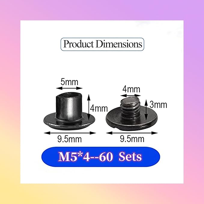 60 Sets M5*4mm Gun Black Leather Rivets Screws Rivets Chicago Binding Screws Adjust and Repair Leather Craft Belts, Bags, Shoes, Purse Bindings
