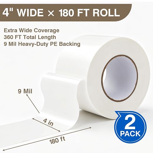 CHANGTIKEJI 2 Rolls Vapor Barrier Seam Tape, 4" x 180 ft Heavy-Duty Polyethylene Tape, Waterproof PE Sealing Tape for Crawl Space, Underlayment, Housewrap, Plastic Liners, Duct Tape Alternative