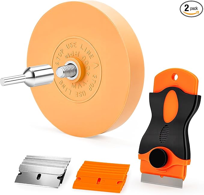 Eraser Wheel Decal Remover Tool Kit, 4" Solid Rubber Eraser Wheel for Drill with Razor Blade Scrapers, Professional Adhesive Pinstripe Sticker Remover for Cars, Trucks, RVs