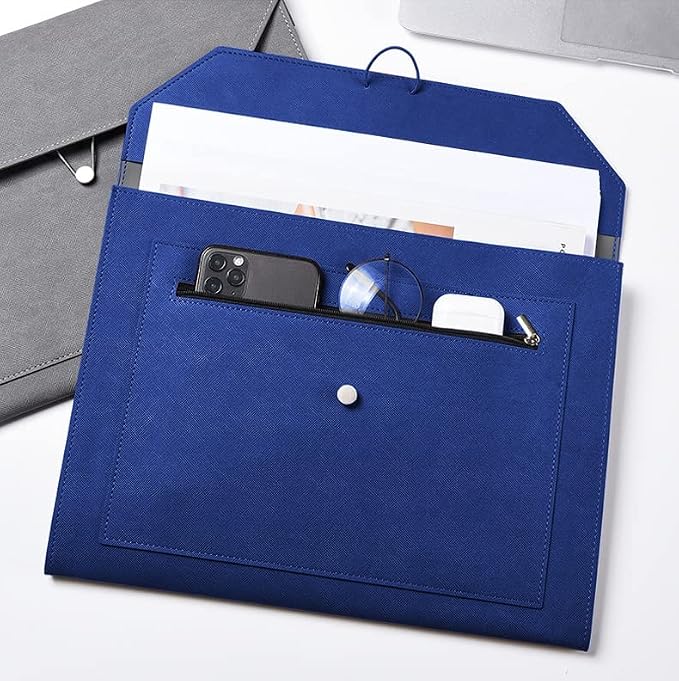 PU Leather A4 File Folder Document Holder 2 Pockets Portfolio Envelope Folder Case with Elastic String 3/4 Inch Expansion (Blue)