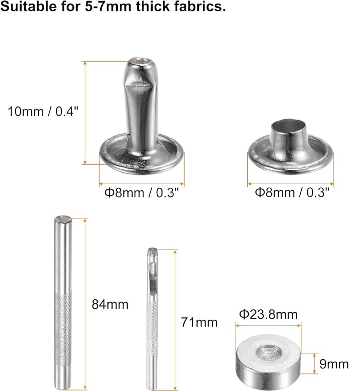 HARFINGTON 100 Sets Leather Rivets 10 x 8mm Metal Double Cap Rivet Snaps Studs Fasteners with 3pcs Setting Tools Rivets for Leather Craft DIY Repair Decoration, Silver Tone