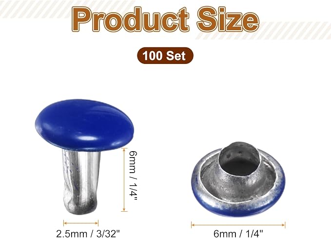 HARFINGTON 100 Sets Double Cap Leather Rivets, 6x6mm Round Cap Tubular Metal Studs Leather Crafting Rivets for Fabric Belt Pet Collar Boot Bag Repair and Decoration, Dark Blue