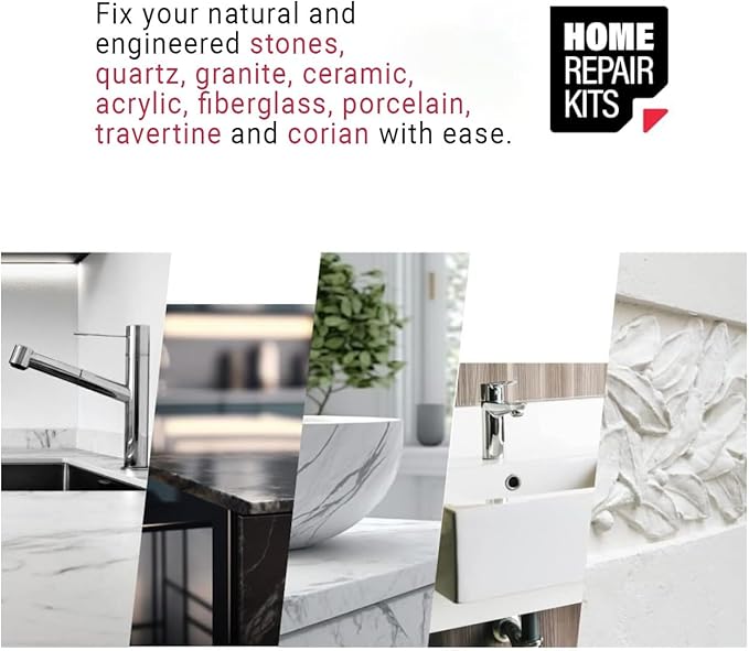 Granite, Marble, Quartz & Acrylic Repair Kit (Clear/Transparent) - Suitable for Most Repairs I Also for Tile, Countertop, Fiberglass & Ceramic Surfaces I Fix Broken Chips & Cracks in Minutes