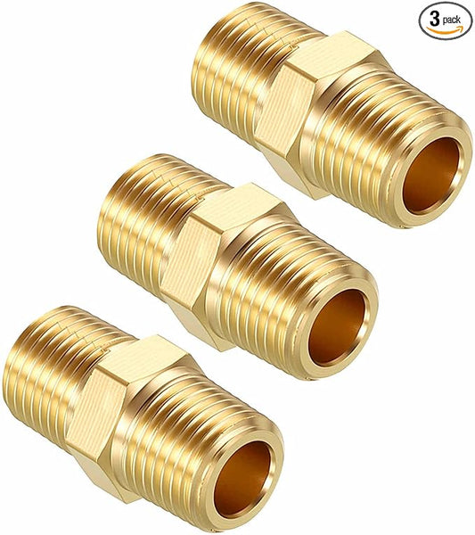 Pack of 3, 1/8" Male G to 1/8" Male G Solid Brass Hex Nipple Hose Connectors, Male Pipe Adapter for Pipe Leak Repair, Bathroom Remodeling, Tool Extensions, Compression